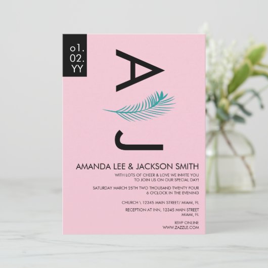 Modernes, feines tropisches Palmenblatt Aquamarin Einladung (Stehend Vorderseite)