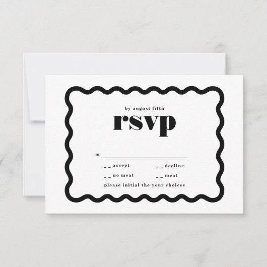 Modernes, feines Wavy Frame Schwarz-weiße Hochzeit RSVP Karte (Vorderseite)