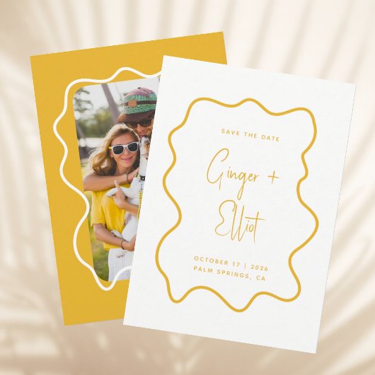 Modernes, feines Wavy Frame Yellow Foto Wedding Save The Date