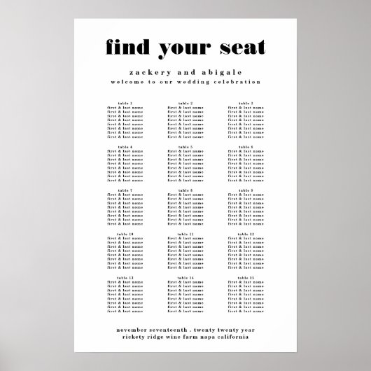 Modernes, feines, weißes Schwarz-Hochzeitszeichen Poster (Vorne)