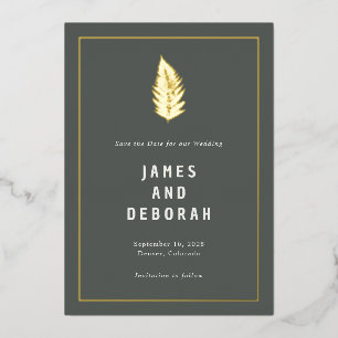 Modernes Ferns Woodland Wedding Gold Save the Date Folieneinladung
