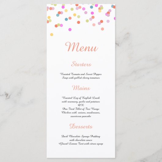 Modernes festliches Confetti Wedding Menu Menükarte (Vorderseite)