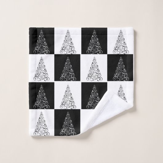 Modernes festliches Schwarz-weißes Weihnachtsbaumm Badhandtuch Set (Waschlappen)