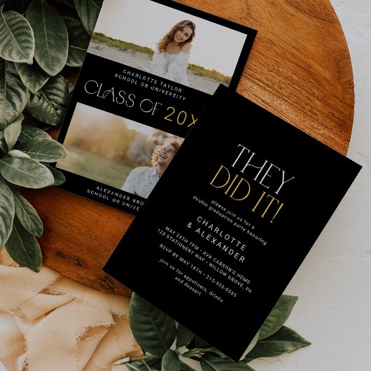 Modernes Fete Black Gold Foto Double Abschluss Einladung