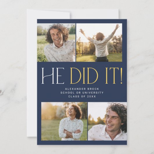 Modernes Fete Navy Gold machte er es Foto Abschlus Ankündigung (Vorderseite)