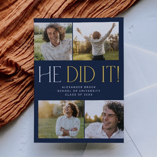 Modernes Fete Navy Gold machte er es Foto Abschlus Ankündigung