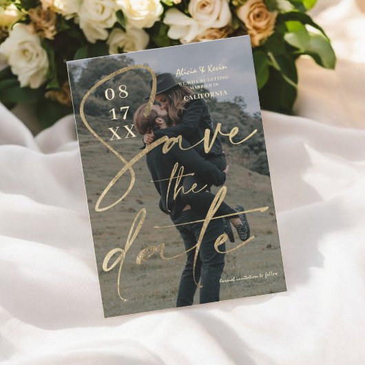 Modernes, fett gedrucktes Goldfolienskript Save th Einladung