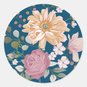 Modernes, fett gelb und rosa florales Blau Runder Aufkleber