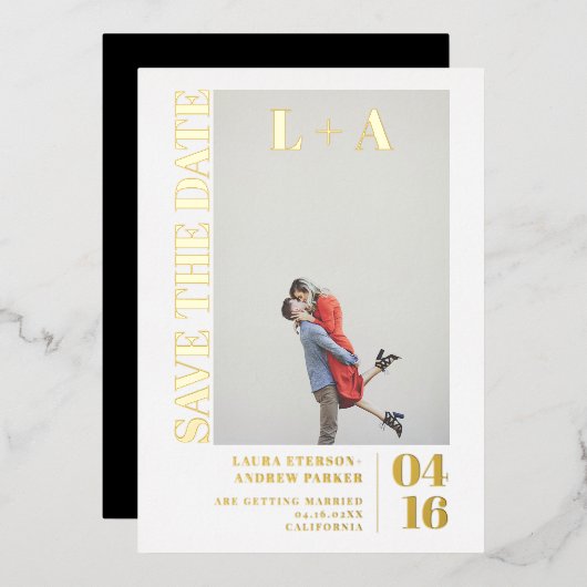 Modernes, fett minimalistisches erstes Foto Save t Folieneinladung (Vorderseite/Rückseite)