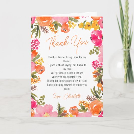 Modernes, fett orangefarbenes Brautparty von Blume Dankeskarte (Vorderseite)