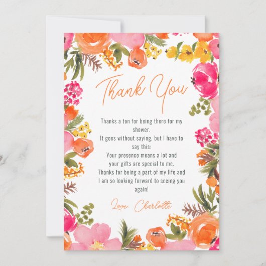 Modernes, fett orangefarbenes Brautparty von Blume Dankeskarte (Vorderseite)