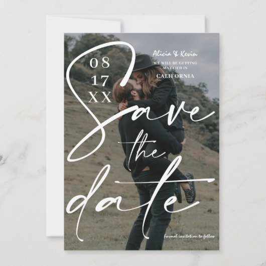 Modernes, fett-weiß-graues Drehbuch Save the Date  (Vorderseite)