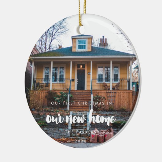 Modernes First Christmas in unserem neuen Zuhause- Keramik Ornament (Links)
