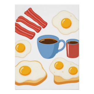 Modernes Flachdesign von Bacon Eggs Toast and Coff Poster
