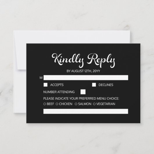 Modernes Flair Script Minimalistisch Black Wedding RSVP Karte (Vorderseite)