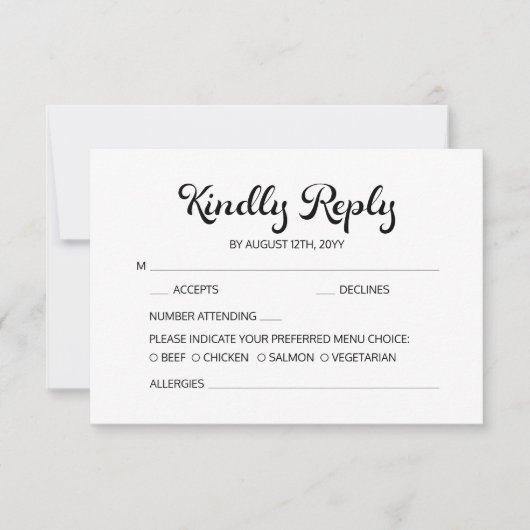 Modernes Flair Script Minimalistisch White Wedding RSVP Karte (Vorderseite)
