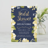 Modernes Floral Navy & Gold Brautparty Einladung (Stehend Vorderseite)