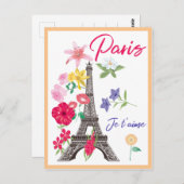 Modernes Floral Paris je t'aime Eiffel Tower Reise Postkarte (Vorne/Hinten)