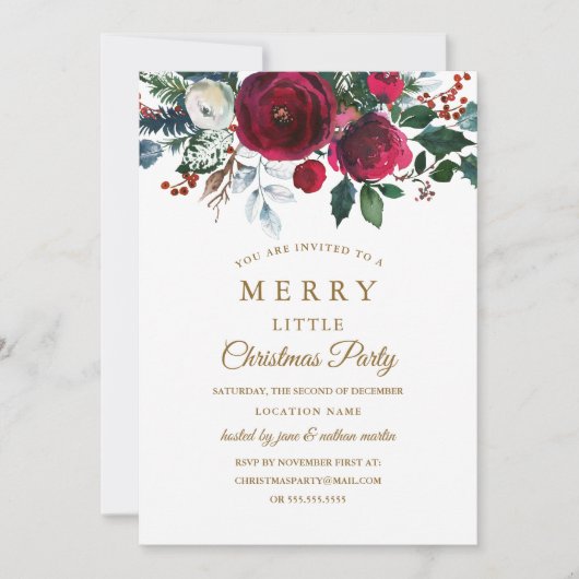 Modernes, florales Burgunder Weihnachtsfest-Party Einladung (Vorderseite)