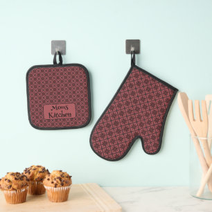 Modernes, florales kleines Kariertes Muster dunkel Ofenhandschuh & Topflappen-Set