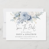 Modernes Florals Dusty Blue QR Code Wedding Save The Date (Vorderseite)