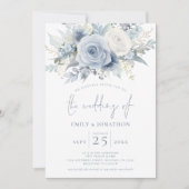 Modernes Florals Foto Overlay Blue Text QR Hochzei Einladung (Vorderseite)