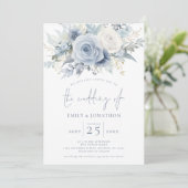 Modernes Florals Foto Overlay Blue Text QR Hochzei Einladung (Stehend Vorderseite)