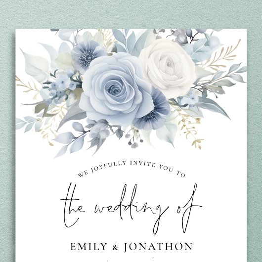 Modernes Florals QR Code Dusty Blue Wedding Einladung