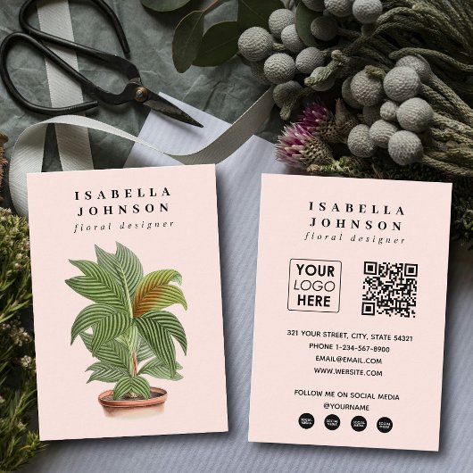 Modernes Floristisches Logo Rosa QR Code Social Me Visitenkarte