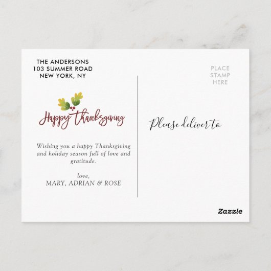 Modernes Foliage Script Erntedank Foto Postkarte (Rückseite)
