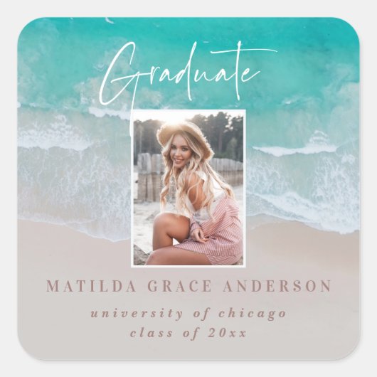 Modernes Foto Abschluss Strand Skript Quadratischer Aufkleber (Vorderseite)