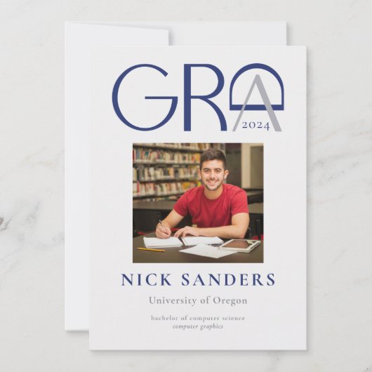 Modernes Foto Abschluss Uni Grau Blau Ankündigung (Vorderseite)