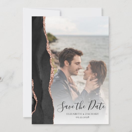 Modernes Foto Agate Black Rose Gold Save the Date (Vorderseite)
