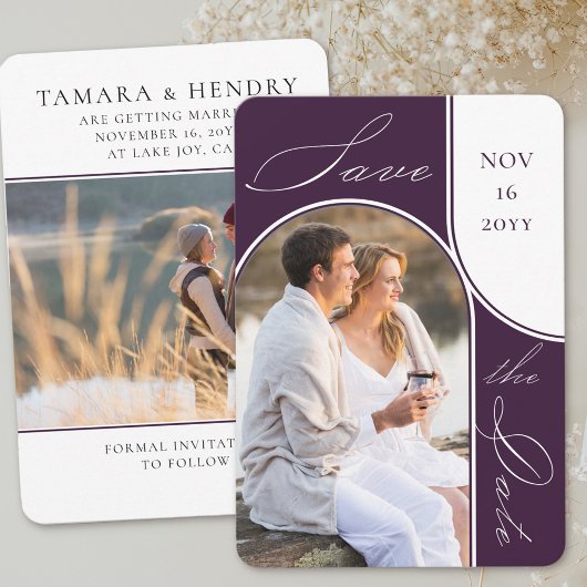 Modernes Foto Arch Elegante Kalligrafie Lila Save The Date