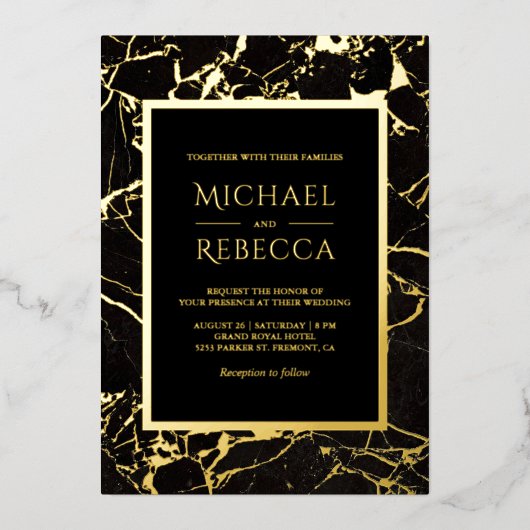 Modernes Foto aus schwarzem Marmor Hochzeit Gold Folieneinladung (Vorderseite)
