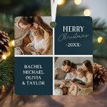 Modernes Foto Blue Frohe Weihnachten Ornament Aus Metall<br><div class="desc">Modernes Weihnachtsschmuck mit 2 Fotomodellen,  stilvollen blauen Plätzen,  den Frohen Festtagen "fröhliche Weihnachten",  dem Jahr und den Familiennamen.</div>