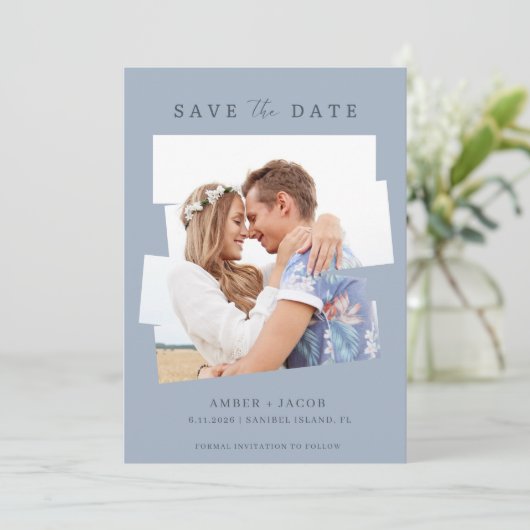 Modernes Foto Blue Wedding Save The Date (Stehend Vorderseite)