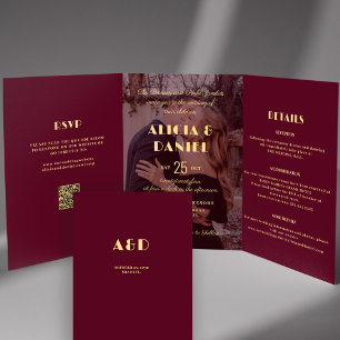 Modernes Foto Bordeaux Gold uAwg Details Hochzeit Dreifach Gefaltete Einladung