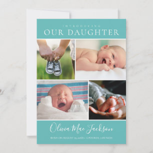 Modernes Foto Collage Aquamarin Baby Girl Birth Ankündigung