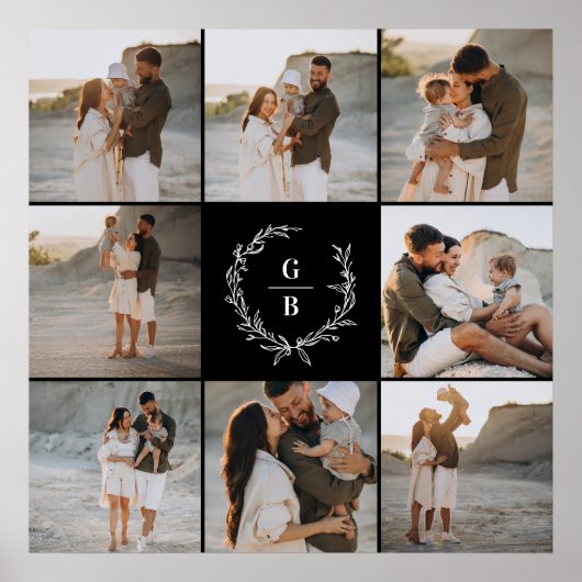 Modernes Foto-Collage-Kranz-Monogramm-Paar Poster (Vorne)