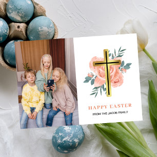 Modernes Foto der Floral Cross Osterfamilie Feiertagskarte