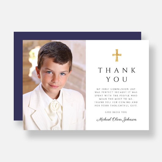 Modernes Foto der Marine Blue Cross Boy Erste Komm Dankeskarte