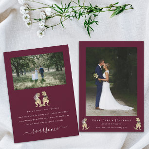 Modernes Foto Dinosaur Thema Hochzeit Burgund Crem Dankeskarte