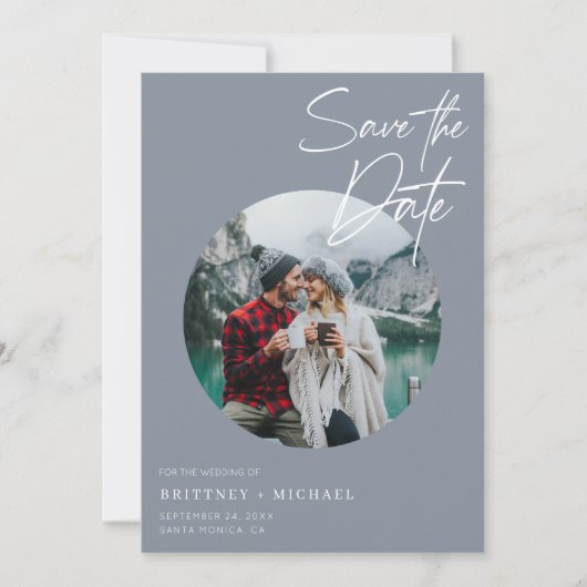 Modernes Foto Dusty Blue Save The Date (Vorderseite)
