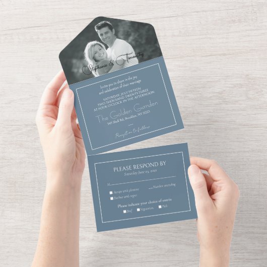 Modernes Foto Dusty Blue Wedding RSVP All In One Einladung (Abreißen)
