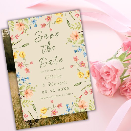 Modernes Foto Einfache Wildblumen Beige Save The Date