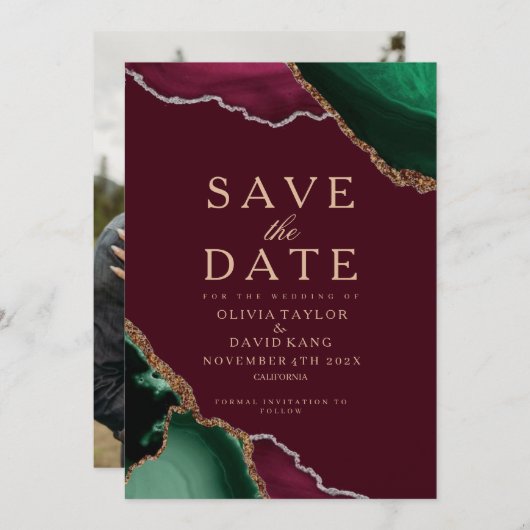 Modernes Foto Emerald Agate Burgundy Save the Date (Vorne/Hinten)