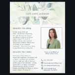 Modernes Foto Eukalyptus Elegante Rustikale Flyer<br><div class="desc">Eleganter Business Flyer mit Ihrem Namen in einem oberen und unteren Rand von Eukalyptus-Blätter und Grün mit einem Hauch von Blau, über einem pastellfarbenen Waschbecken. Verwenden Sie die Vorlage, um Ihr Foto und Ihr Bio hinzuzufügen. Dieser rustikale Stil Flyer ist ideal für einen neuen echten Anwesen Agent / Immobilienmakler, um...</div>