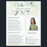 Modernes Foto Eukalyptus Elegante Rustikale Flyer<br><div class="desc">Eleganter Business Flyer mit Ihrem Namen in einem oberen und unteren Rand von Eukalyptus-Blätter und Grün mit einem Hauch von Blau, über einem pastellfarbenen Waschbecken. Verwenden Sie die Vorlage, um Ihr Foto und Ihr Bio hinzuzufügen. Dieser rustikale Stil Flyer ist ideal für einen neuen echten Anwesen Agent / Immobilienmakler, um...</div>