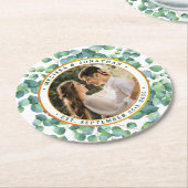 Modernes Foto Eukalyptus Greenery Gold Wedding Runder Pappuntersetzer (Angewinkelt)